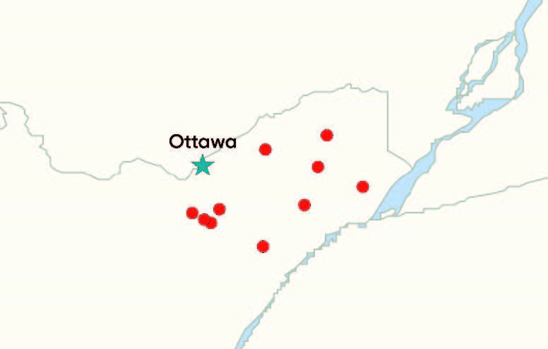 Dry down study locations in Eastern Ontario in 2021.