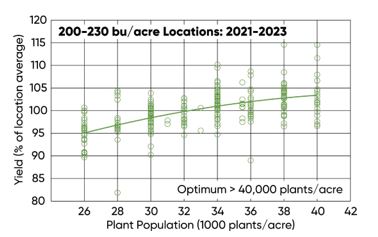 Yield response to plant population across 23 moderate yield locations (location average 200-230 bu/acre) from 2021-2023.