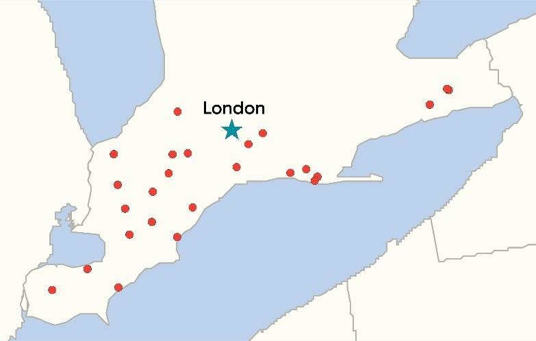 Dry down study locations in Southwestern Ontario in 2021.