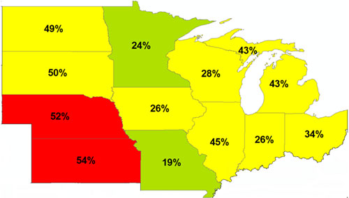 Percent of soil samples that fell below state optimum levels for P in the Corn Belt