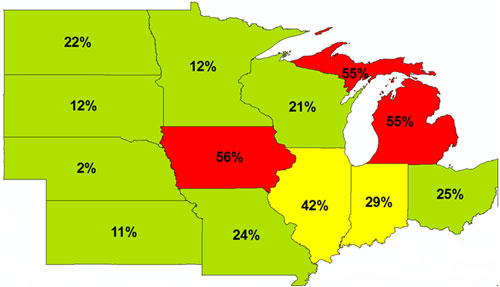 Percent of soil samples that fell below state optimum levels for K in the Corn Belt