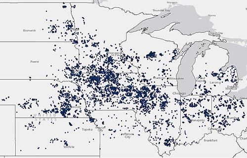 Distribution of the 8925 fields from which soil samples were collected between fall 2015 and spring 2016 to assess Corn Belt P and K fertility levels