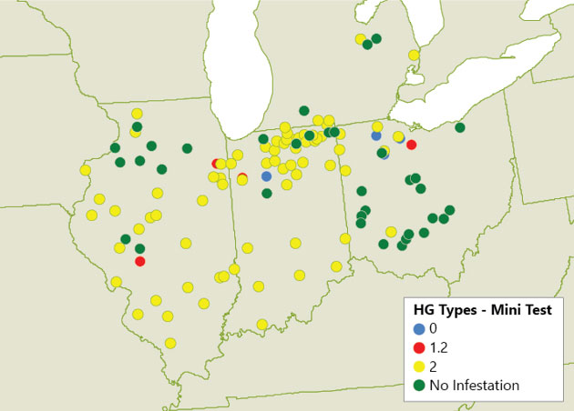 Map - Distribution of HG types found in soybean plots in 2018.