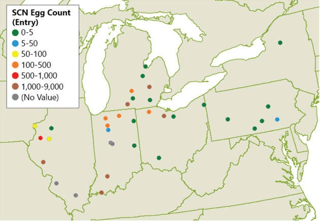 Map -  SCN egg counts by location in 2019.
