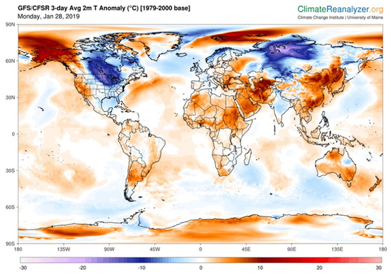 MapAverage near-surface temperature anomaly for January 28-30, 2019 showing an area of extreme cold over North America.