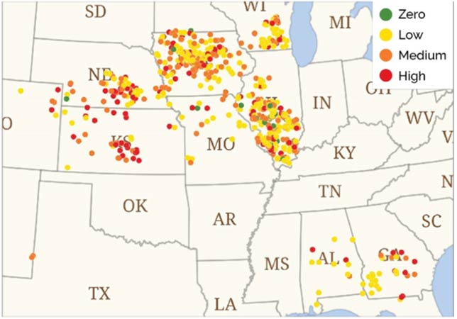 Map - Corn nematode pressure at sites sampled in 2019 and 2020.