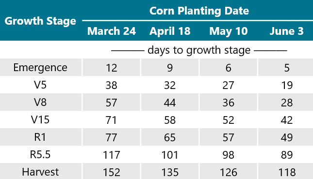 Table - Study results - planting date effect on timing of corn development stages