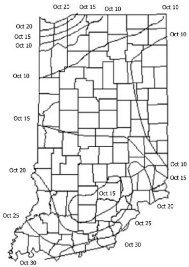 Map - Indiana - Dates at which there is a 50% probability of an autumn freeze of 32°F or less.