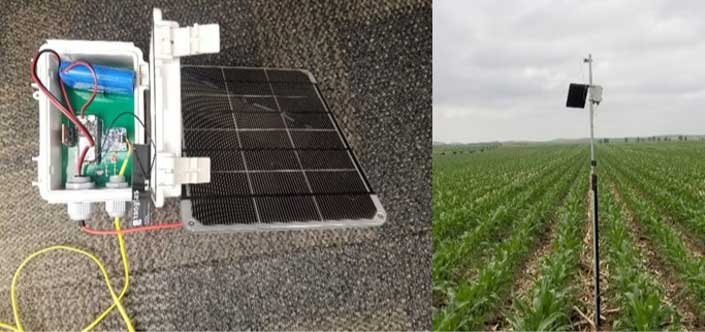 Photo - IoT device for measuring surface temperature (left) and the device deployed in a field (right).