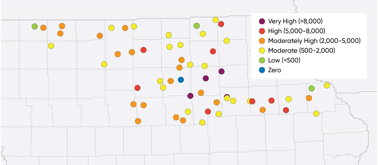 SCN sampling locations and population levels across northern Iowa in 2023.