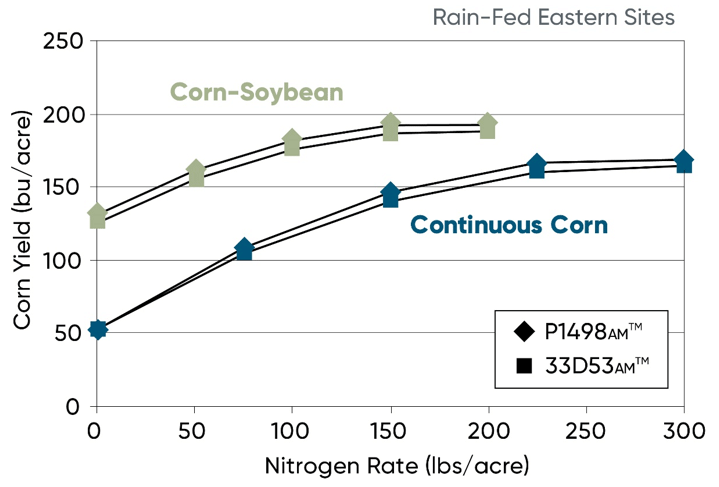Response of Pioneer P1498AM and P33D53AM to nitrogen rates under continuous corn and corn-soybean rotation - averaged across the eastern rain-fed sites in 2012 2013 and 2014 - Champaign Windfall and Johnston.