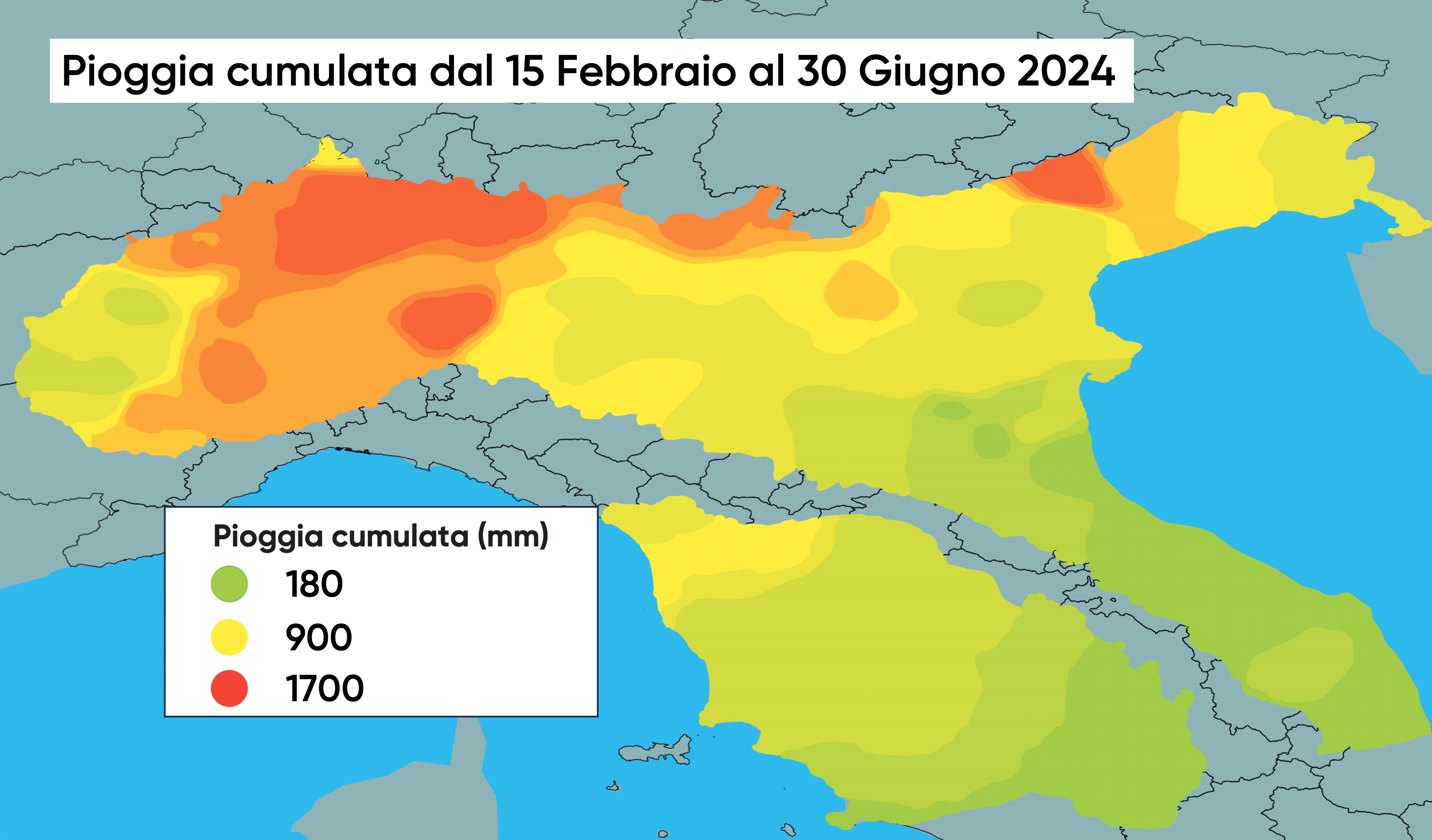 Andamento delle piogge nella Pianura Padana dal 15 febbraio al 30 giugno