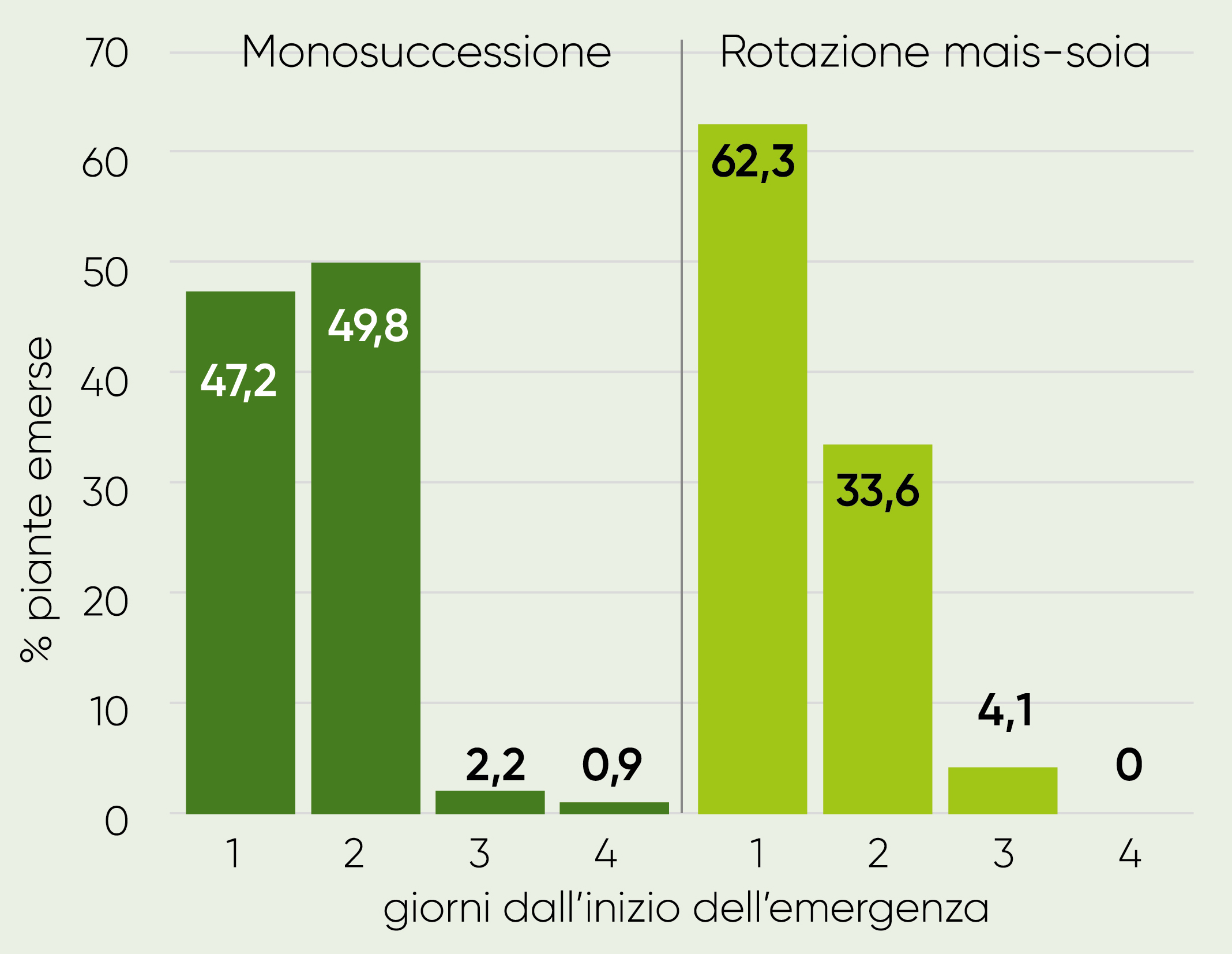 Percentuale di piante di mais emerse per giorno in uno studio Pioneer sulla rotazione mais-soia e sulla monosuccessione di mais