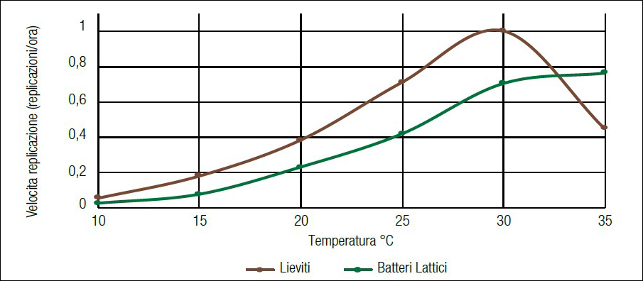 grafico della velocità di replicazione oraria di lieviti e batteri lattici in condizioni sperimentali controllate
