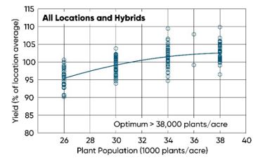 Corn yield response to population across all hybrids and locations. Corn yield is expressed as a percent of the location average.