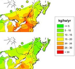 verage annual sulfate deposition from precip-itation in eastern Canada, 1990-1994 (top) compared to 2000-2004 (above)