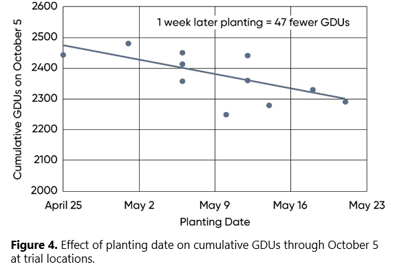 Effect of planting date on cumulative GDUs through October 5 at trial locations.
