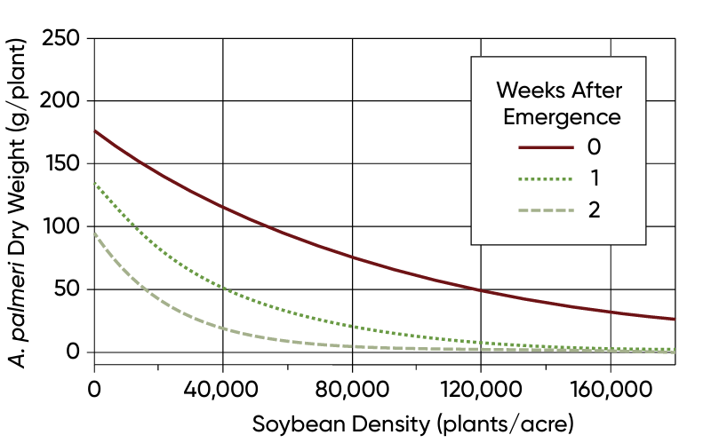 Effect of soybean density and Palmer amaranth emergence timing relative to the crop on Palmer amaranth dry weight per plant at harvest