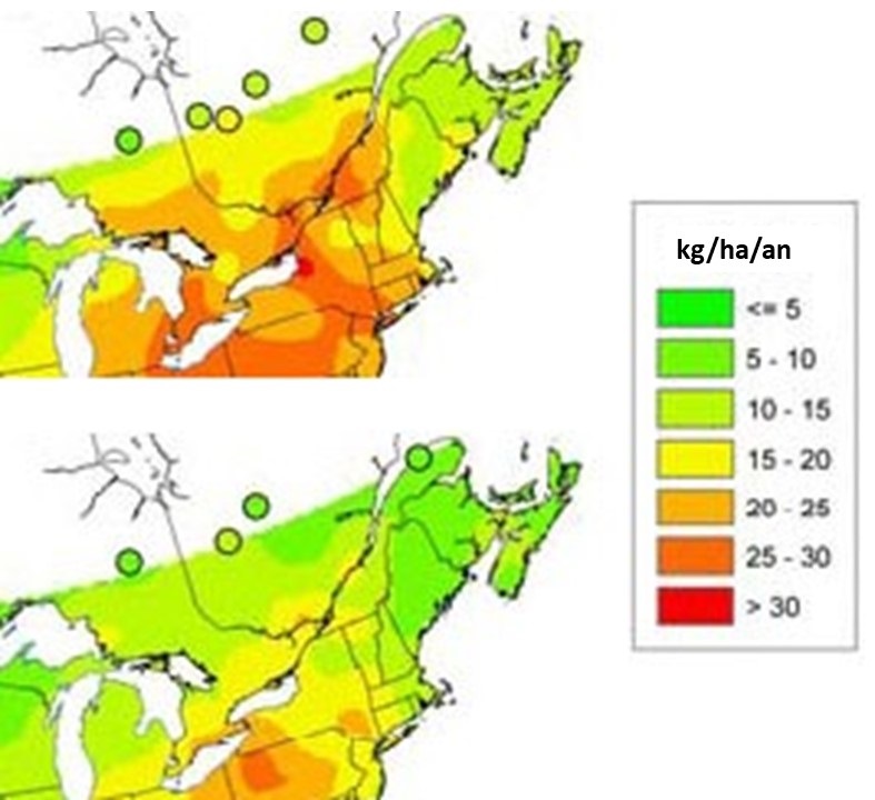 Apport atmosphérique annuel moyen de sulfate provenant des précipitations dans l’est du Canada, 1990-1994 (en haut) par rapport à 2000-2004 (ci-haut).