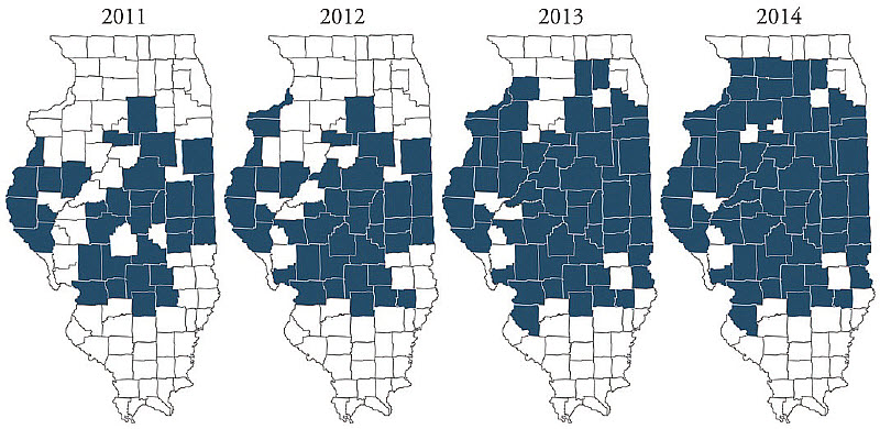 Illinois counties in which glyphosate-resistant waterhemp has been identified based on grower-submitted samples 2011-2014.