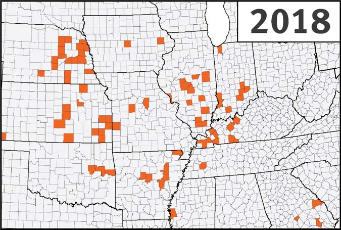 Map - U.S. Midwest - confirmed detections of southern rust in corn through the first week of September during the 2018 growing season.