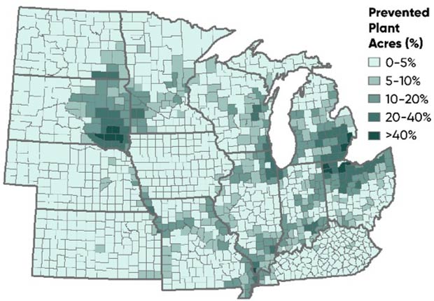 This is a map showing percent of acres reported as prevented plant in several Midwestern states as of August 1, 2019.