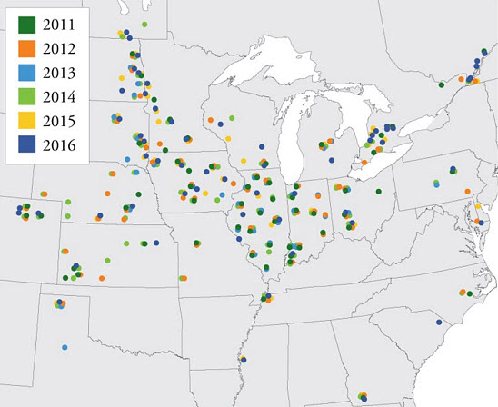 Pioneer plant population research locations in North America - 2011-2015.