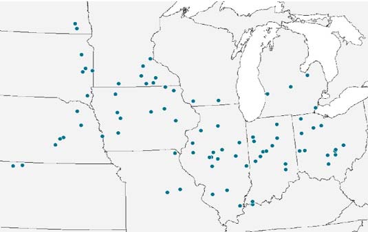 Map showing corn nematode sampling locations in the 2018 Corteva Agriscience survey.