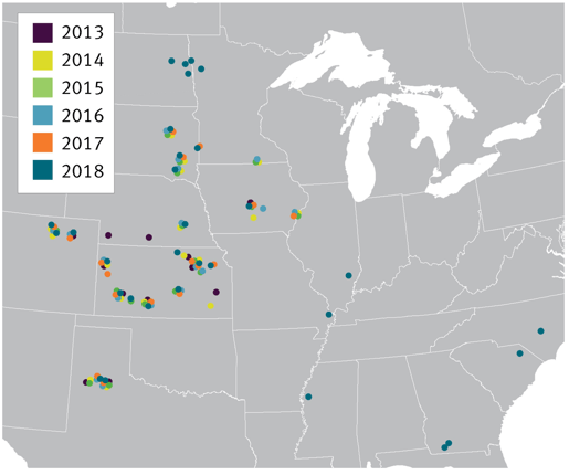 Pioneer water-limited plant population research locations in North America, 2013-2018.