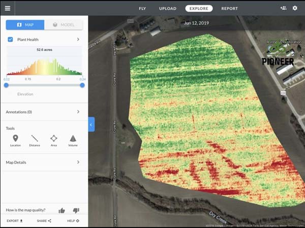 Screen capture - DroneDeploy plant health evaluation map based on sUAS imagery.
