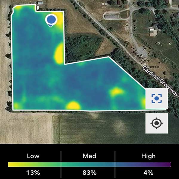 Photo - Granular Insights Vegetation Index map showing spatial variation in crop health across a field.