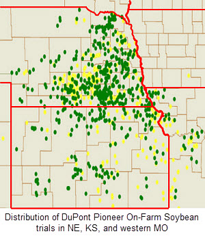 Map - Distribution of Pioneer On-farm soybean trials in NE, KS and western MO.
