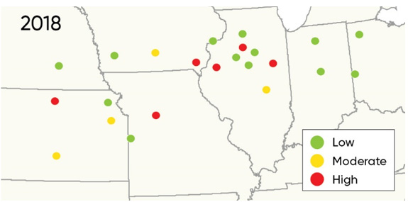 Map - Pioneer Soybean Cyst Nematode management field trial locations in 2018.