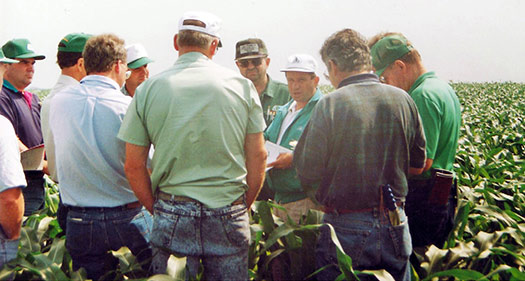 Pioneer Agronomist Jerome Lensing trains a group of Pioneer Sales Representatives in Minnesota in the mid-1990s
