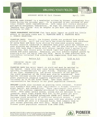 Pioneer Walking Your Fields newsletter example from 1991