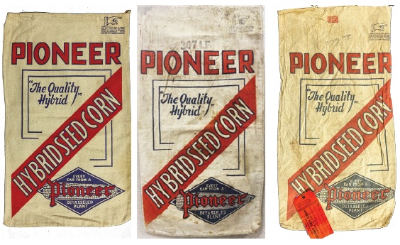 Pioneer seed corn bag designs from 1939-48- In 1939 the lettering in the diagonal red strip was updated from Hi-Bred Seed Corn to Hybrid Seed Corn.