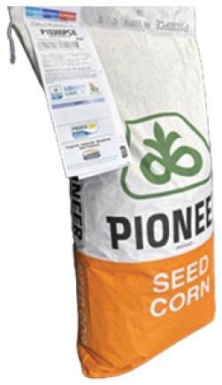 Pioneer seed bag with color-coded vertical stripes to indicate herbicide tolerance and insect protection traits