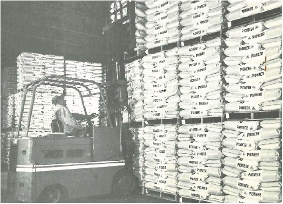 Seed warehouse - stacked bags - black and white photo