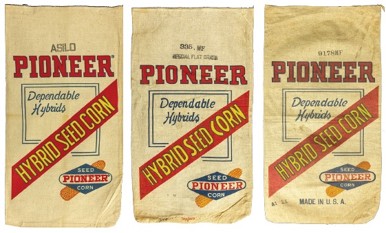 Pioneer seed corn bags with change to yellow lettering in red stripe