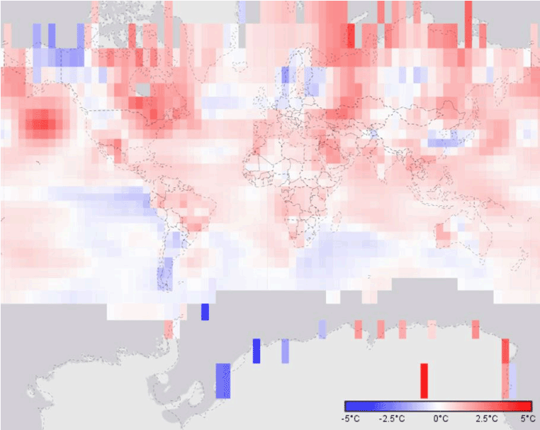 Illustration - Global surface temperature anomalies on a 5 x 5 grid for July 2020.