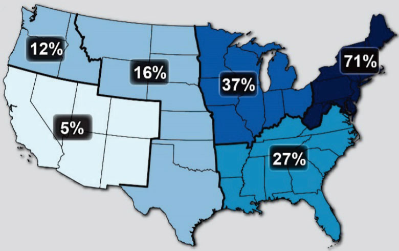 Map - Percent increase in the amount of precipitation falling in very heavy events - US