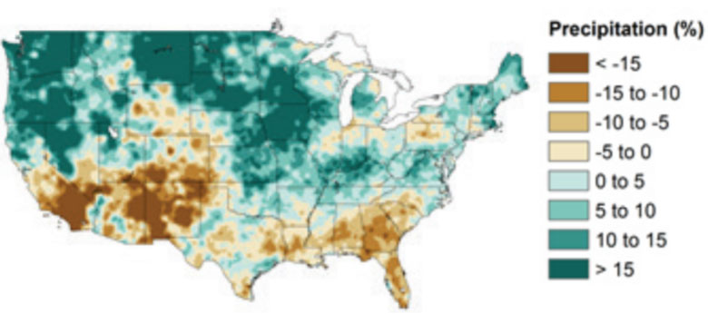 Map - Change in spring precipitation from 1986-2015 compared to 1901-1960.