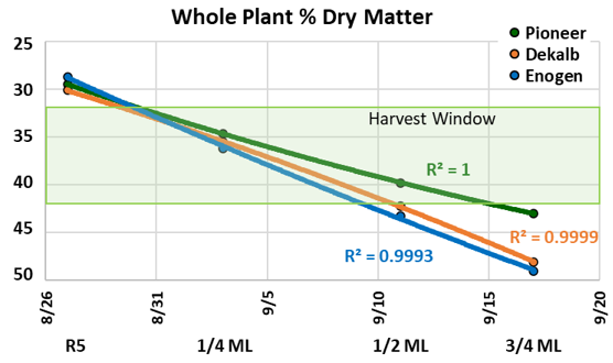 Whole plant dry matter from R5 - dent - through three-quarters milk line sampling points relative to harvest window