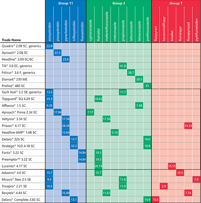 Active ingredients - percent - by FRAC group of foliar fungicides labelled for use in corn