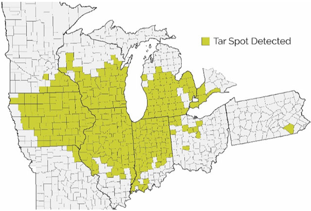 Map - U.S. counties with confirmed incidence of tar spot, 2015-2020 (as of 10-12-20).
