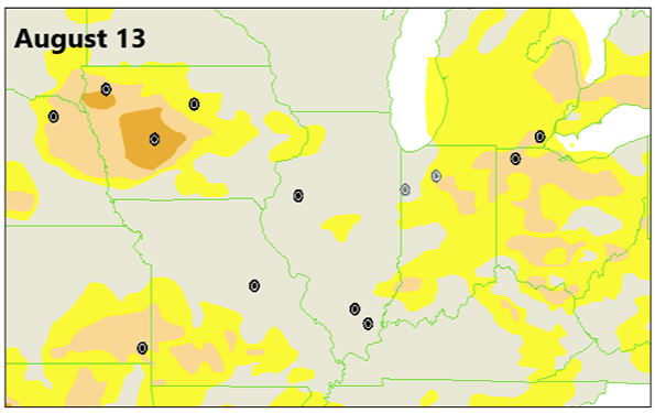 Map -  U.S. Drought Monitor map showing the onset of drought conditions across much of the Corn Belt late in the 2020 growing season. (August 13)