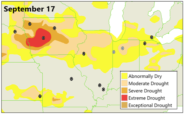 Map -  U.S. Drought Monitor map showing the onset of drought conditions across much of the Corn Belt late in the 2020 growing season. (September 17)