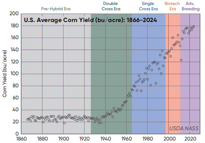 US average corn yields across different eras of corn breeding technology