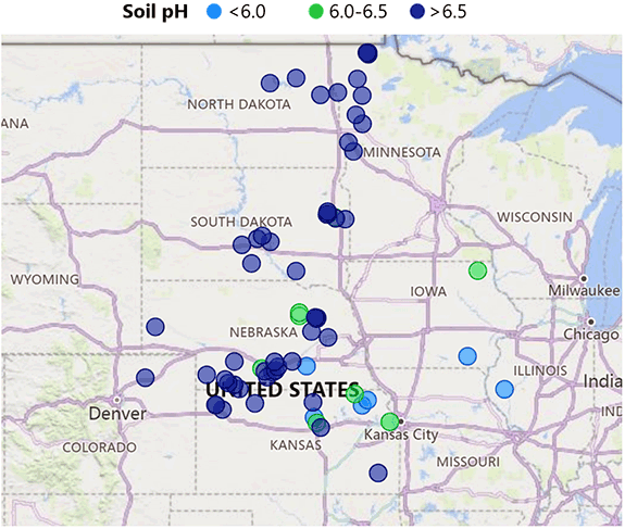 Locations of 2023 Utrisha P on-farm trials and soil pH of fields