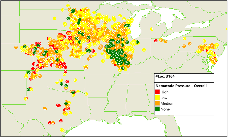 Map - Corn nematode pressure at sites sampled in 2019, 2020, 2021, and 2022.